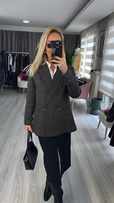 Premium Ekoseli Gri Blazer Ceket