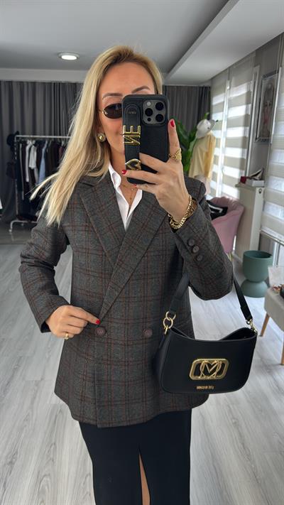 Premium Ekoseli Gri Blazer Ceket