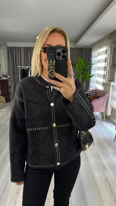 Premium Ekru Şerit Detaylı Siyah Triko Ceket