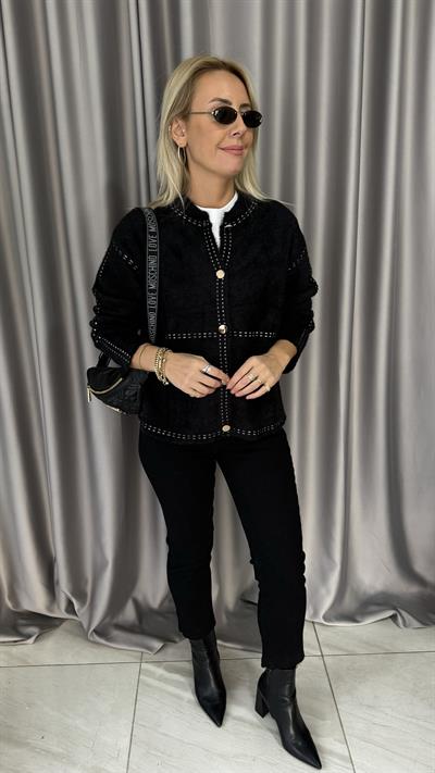 Premium Ekru Şerit Detaylı Siyah Triko Ceket