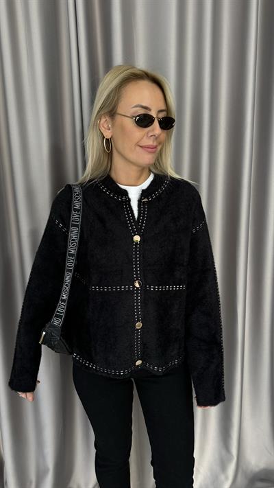 Premium Ekru Şerit Detaylı Siyah Triko Ceket