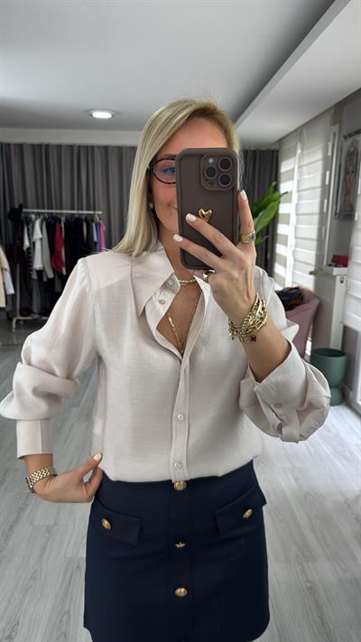 Premium Geniş Yaka Tensel Bej Gömlek