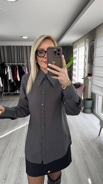 Premium Geniş Yaka Tensel Duman Grisi Gömlek