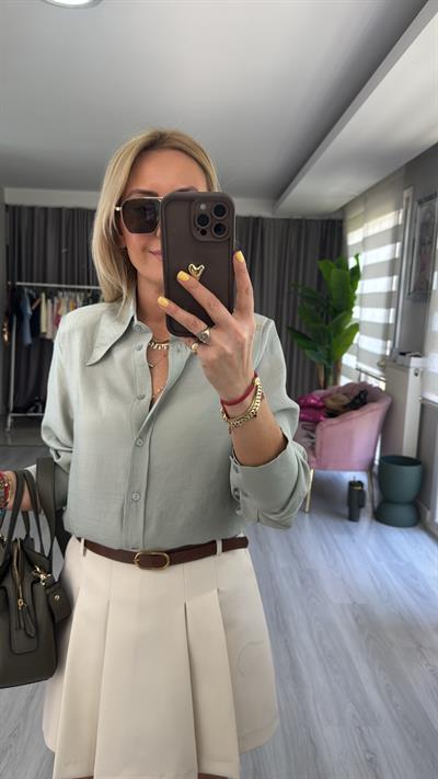 Premium Geniş Yaka Tensel Su Yeşili Gömlek