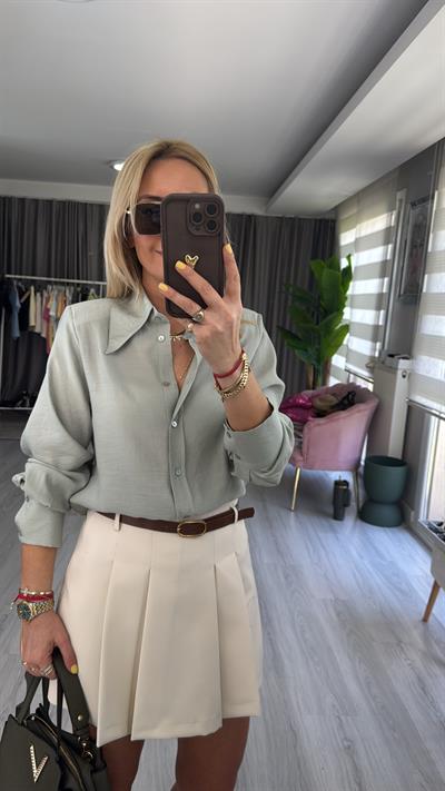 Premium Geniş Yaka Tensel Su Yeşili Gömlek