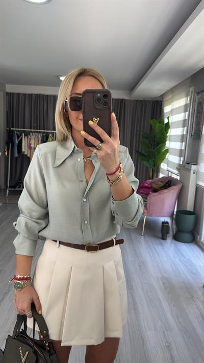 Premium Geniş Yaka Tensel Su Yeşili Gömlek