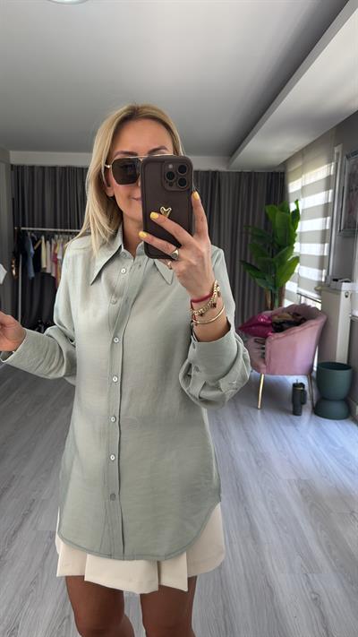 Premium Geniş Yaka Tensel Su Yeşili Gömlek