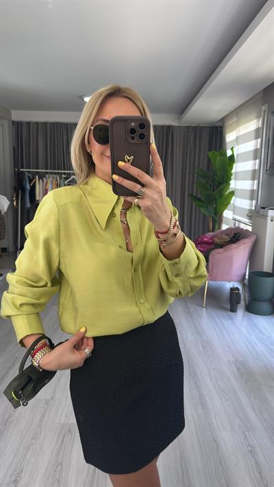 Premium Geniş Yaka Tensel Yağ Yeşili Gömlek