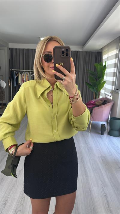 Premium Geniş Yaka Tensel Yağ Yeşili Gömlek