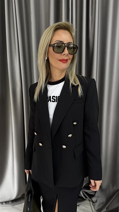 Premium Gold Düğmeli Kruvaze Siyah Ceket