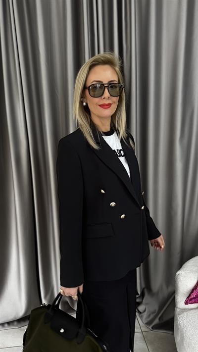 Premium Gold Düğmeli Kruvaze Siyah Ceket