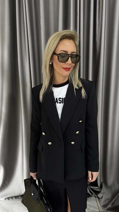 Premium Gold Düğmeli Kruvaze Siyah Ceket