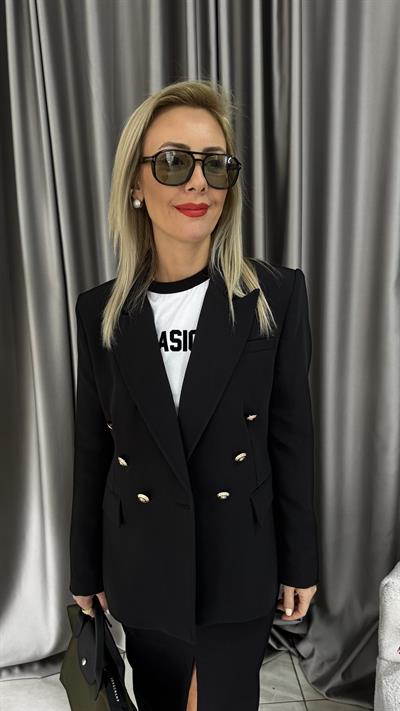 Premium Gold Düğmeli Kruvaze Siyah Ceket