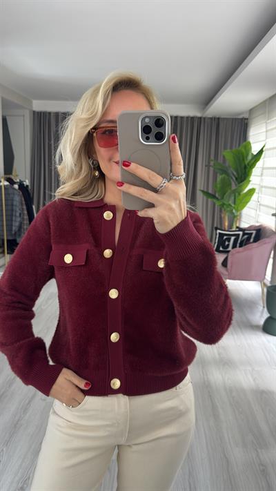 Premium Gold Düğmeli Sakallı Bordo Triko Ceket
