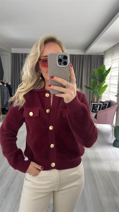Premium Gold Düğmeli Sakallı Bordo Triko Ceket