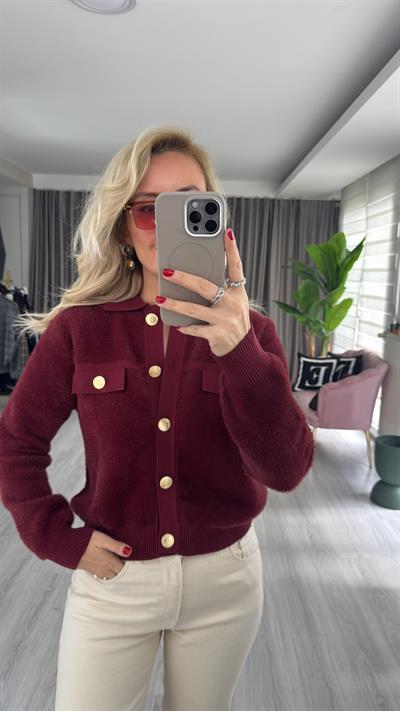 Premium Gold Düğmeli Sakallı Bordo Triko Ceket
