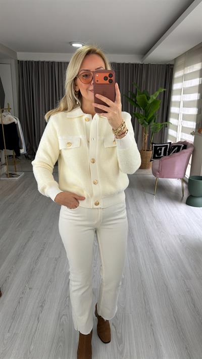 Premium Gold Düğmeli Sakallı Ekru Triko Ceket