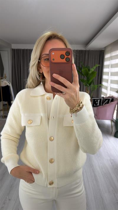 Premium Gold Düğmeli Sakallı Ekru Triko Ceket