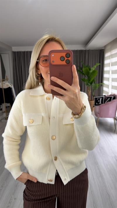 Premium Gold Düğmeli Sakallı Ekru Triko Ceket