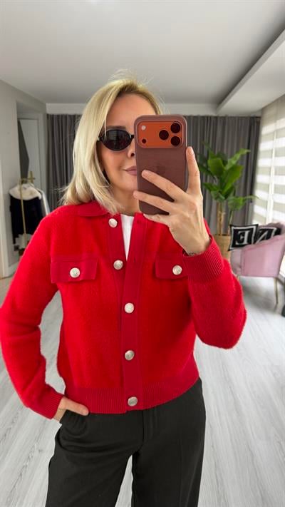 Premium Silver Düğmeli Sakallı Kırmızı Triko Ceket