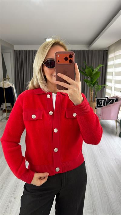Premium Silver Düğmeli Sakallı Kırmızı Triko Ceket