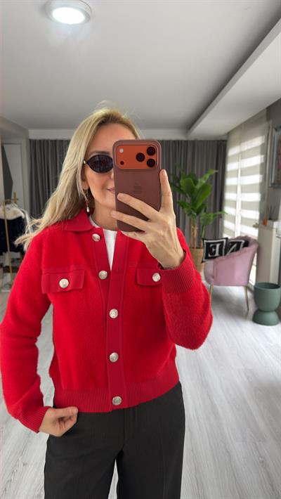 Premium Silver Düğmeli Sakallı Kırmızı Triko Ceket