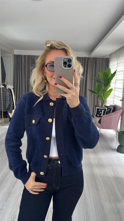 Premium Gold Düğmeli Sakallı Lacivert Triko Ceket
