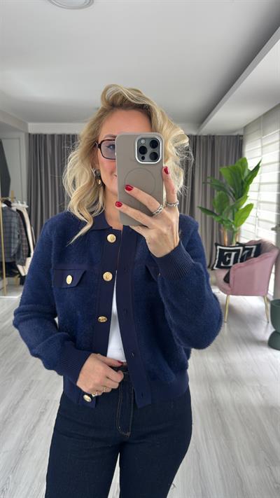 Premium Gold Düğmeli Sakallı Lacivert Triko Ceket