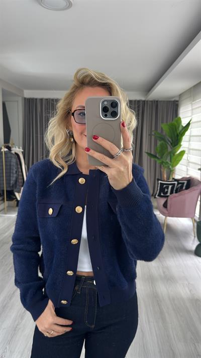 Premium Gold Düğmeli Sakallı Lacivert Triko Ceket