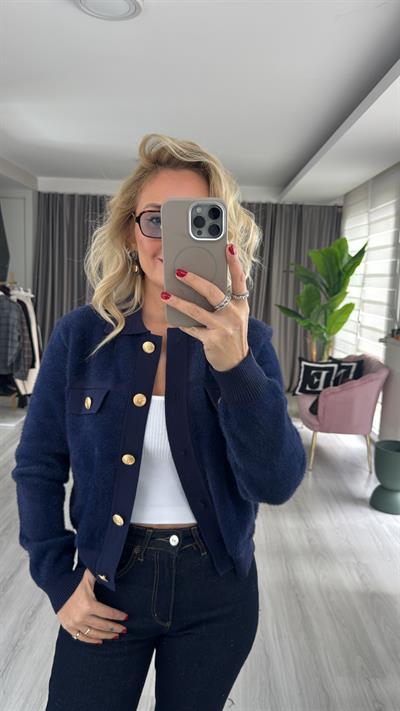 Premium Gold Düğmeli Sakallı Lacivert Triko Ceket