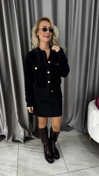 Premium Gold Düğmeli Sakallı Siyah Triko Ceket