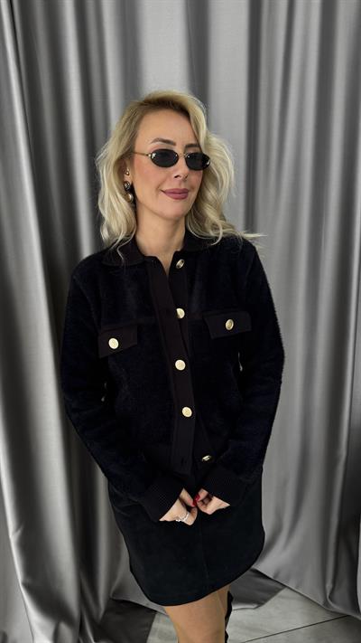 Premium Gold Düğmeli Sakallı Siyah Triko Ceket