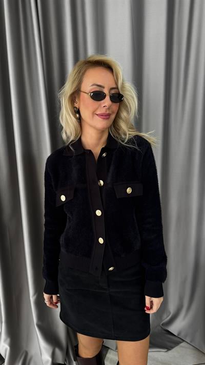 Premium Gold Düğmeli Sakallı Siyah Triko Ceket