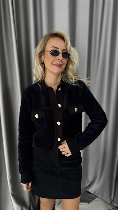 Premium Gold Düğmeli Sakallı Siyah Triko Ceket