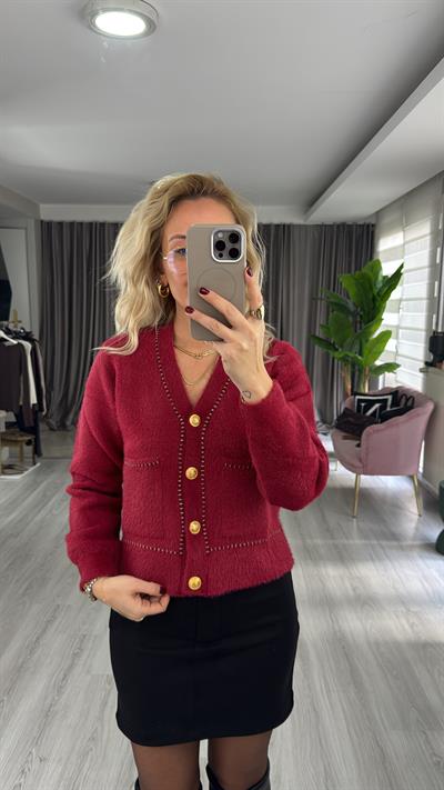 Premium Gold Düğmeli Sim Biyeli Kırmızı Triko Ceket