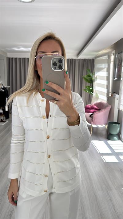 Premium Gold Parıltı Biyeli Uzun Kol Ekru Triko Hırka