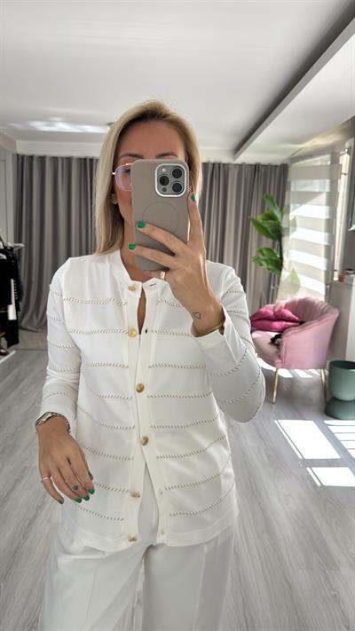 Premium Gold Parıltı Biyeli Uzun Kol Ekru Triko Hırka