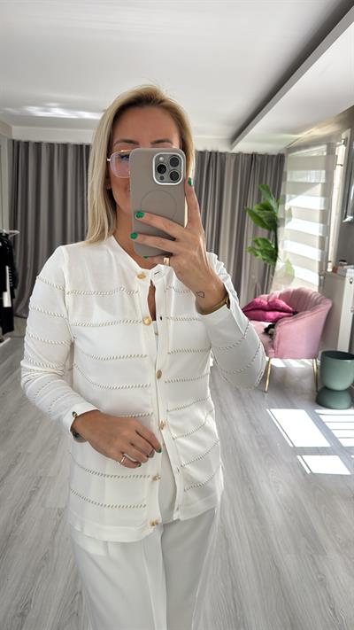 Premium Gold Parıltı Biyeli Uzun Kol Ekru Triko Hırka