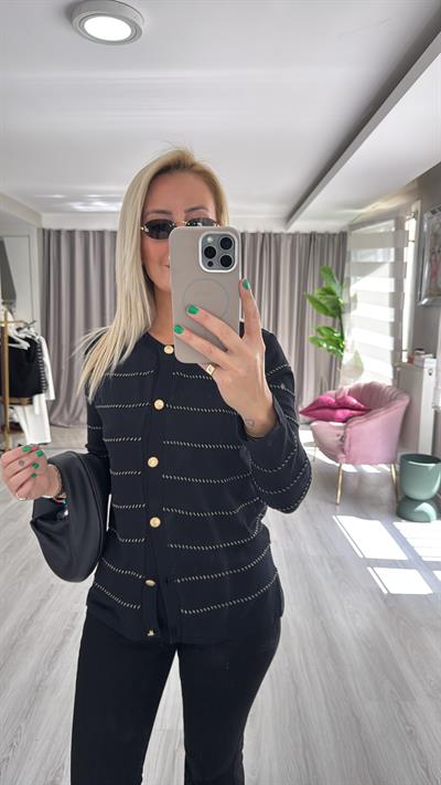 Premium Gold Parıltı Biyeli Uzun Kol Siyah Triko Hırka