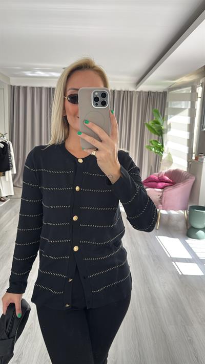 Premium Gold Parıltı Biyeli Uzun Kol Siyah Triko Hırka