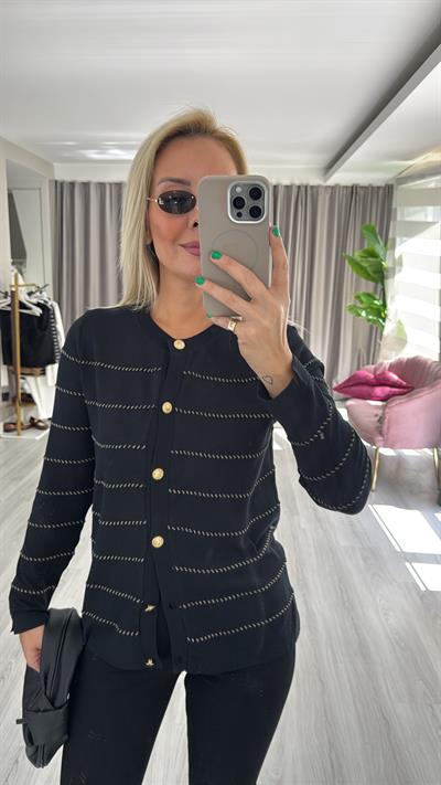 Premium Gold Parıltı Biyeli Uzun Kol Siyah Triko Hırka