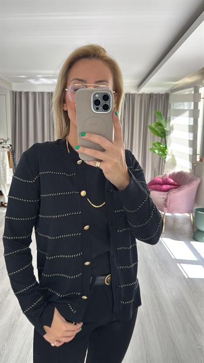 Premium Gold Parıltı Biyeli Uzun Kol Siyah Triko Hırka