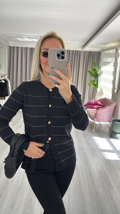 Premium Gold Parıltı Biyeli Uzun Kol Siyah Triko Hırka