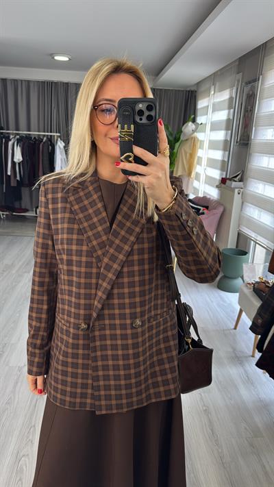 Premium Kahverengi Ekoseli Blazer Ceket