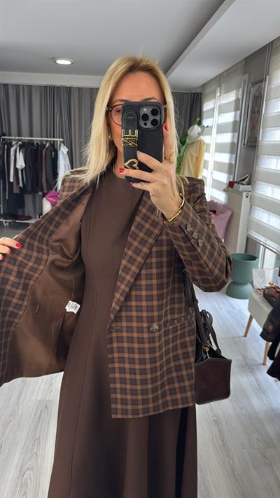 Premium Kahverengi Ekoseli Blazer Ceket