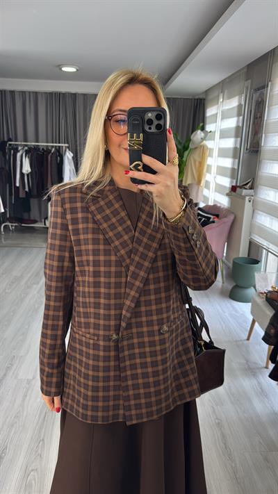Premium Kahverengi Ekoseli Blazer Ceket