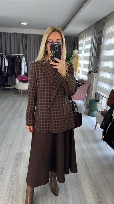 Premium Kahverengi Ekoseli Blazer Ceket