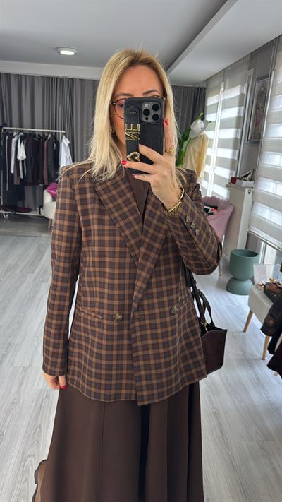 Premium Kahverengi Ekoseli Blazer Ceket