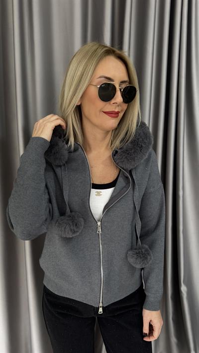 Premium Kürt Detaylı Kapişonlu Gri Triko Hırka