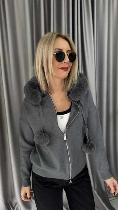 Premium Kürt Detaylı Kapişonlu Gri Triko Hırka